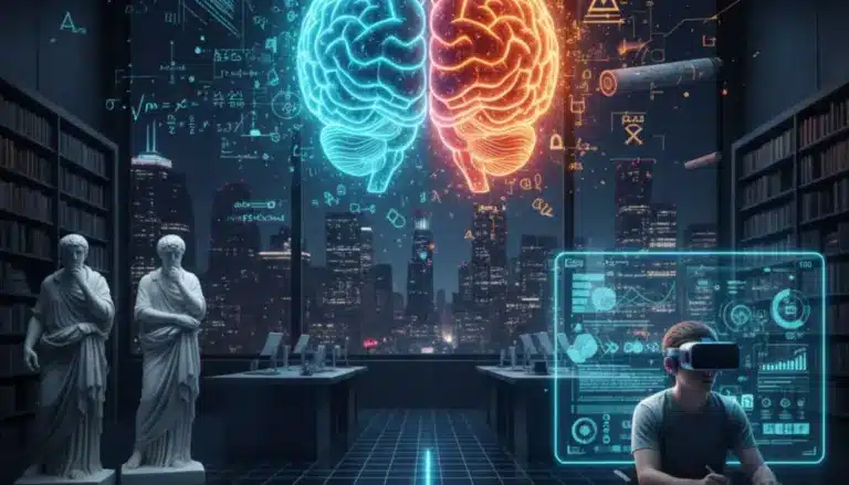 Futuristische Darstellung des menschlichen Gehirns zwischen mathematischen Formeln, VR-Technologie und antiken Philosophen-Statuen.