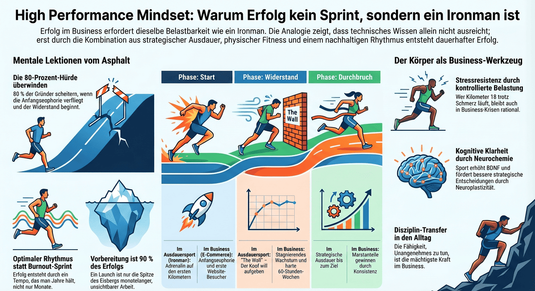 Infografik zum High Performance Mindset: Parallelen zwischen Ironman-Training und Business-Erfolg, Fokus auf Ausdauer, Disziplin und kognitive Klarheit.