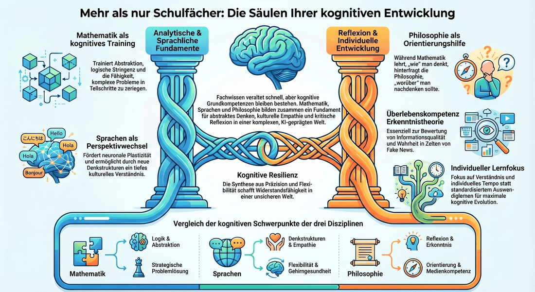 Eine detaillierte Infografik, die die Säulen der kognitiven Entwicklung zeigt: Mathematik als kognitives Training, Sprachen als Perspektivenwechsel und Philosophie als Orientierungshilfe.
